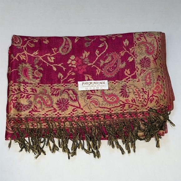 Pashmina Women’s Silk Blend Elegant Vibrant Hot Pink Floral Fringed Shawl - Picture 10 of 11